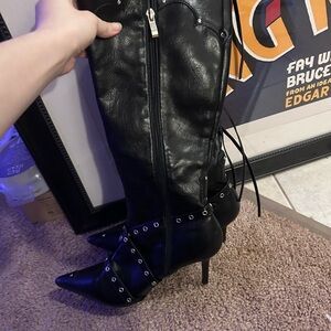 Black Studded Pointed-Toe Knee Boot - Women